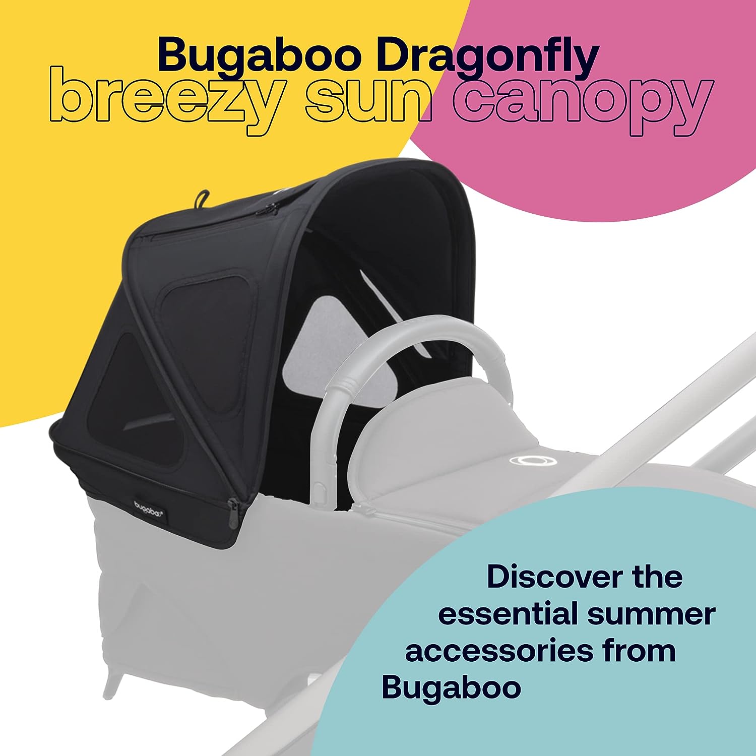 Bugaboo Dragonfly Breezy Sun Canopy Stroller Accessory with UPF 50+ Sun Protection and Ventilation Panels, Midnight Black
