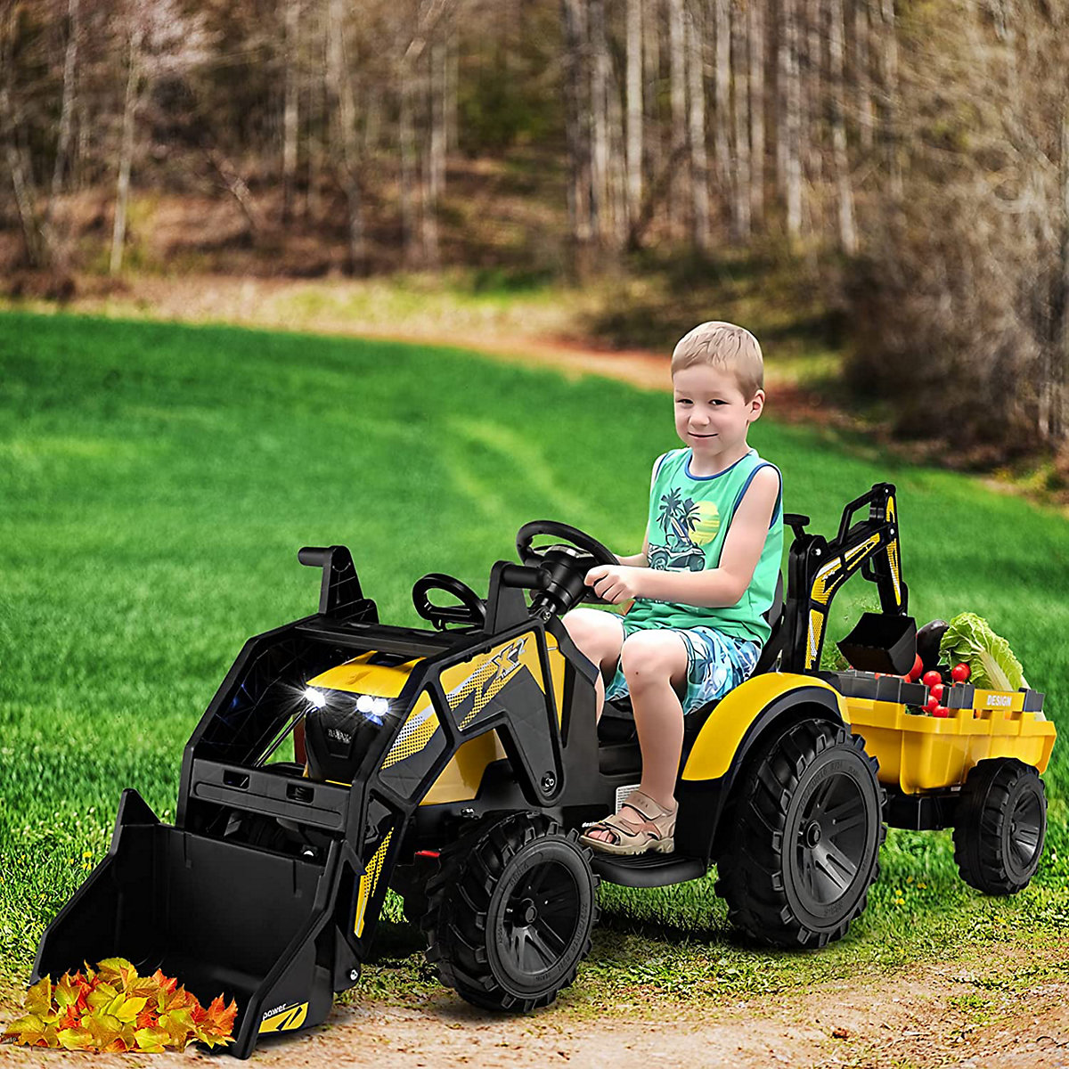 COSTWAY 12V tractor with trailer electric car with remote control & music yellow
