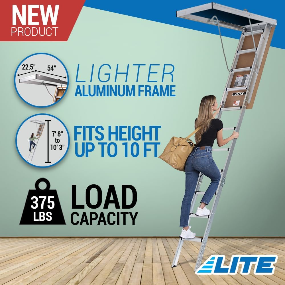 LITE 10ft Aluminum Attic Ladder, 375lb Capacity, Type IAA