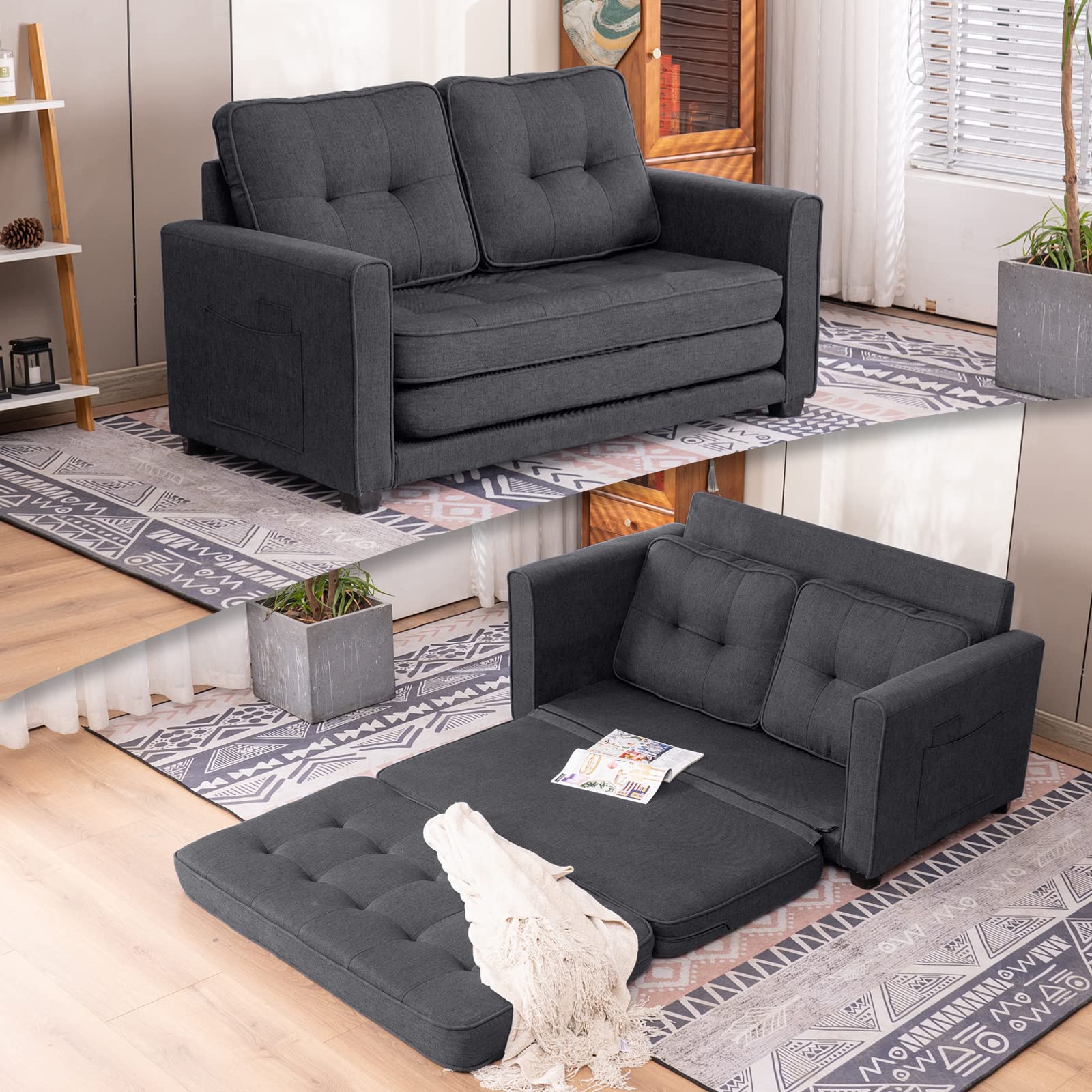 80in Loveseat Sleeper Convertible Loveseat Sofa Bed Black/Navy Blue/Dark Grey/Light Grey/Teal Blue