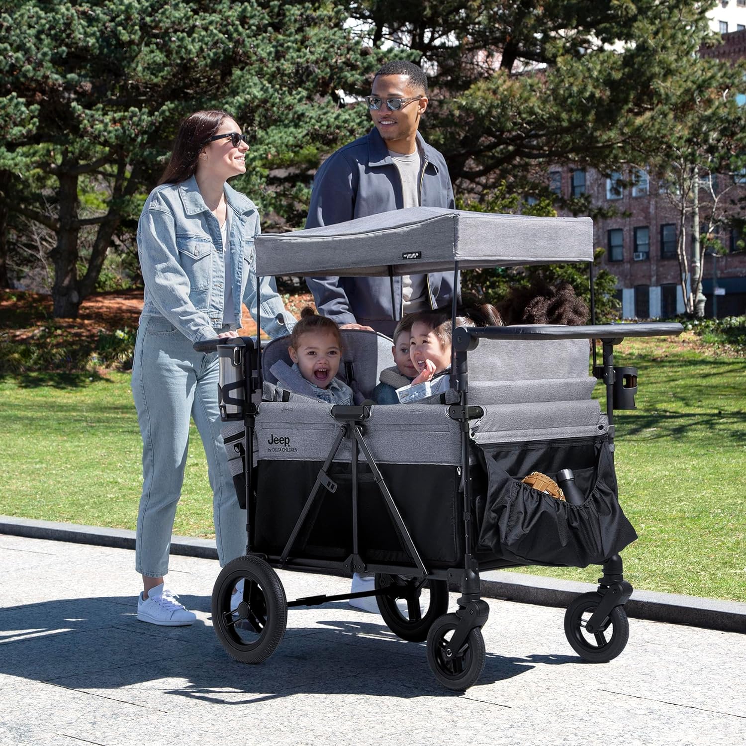 Jeep Wrangler Deluxe 4 Seater Stroller Wagon by Delta Children - Premium Quad Stroller Wagon for 4 Kids
