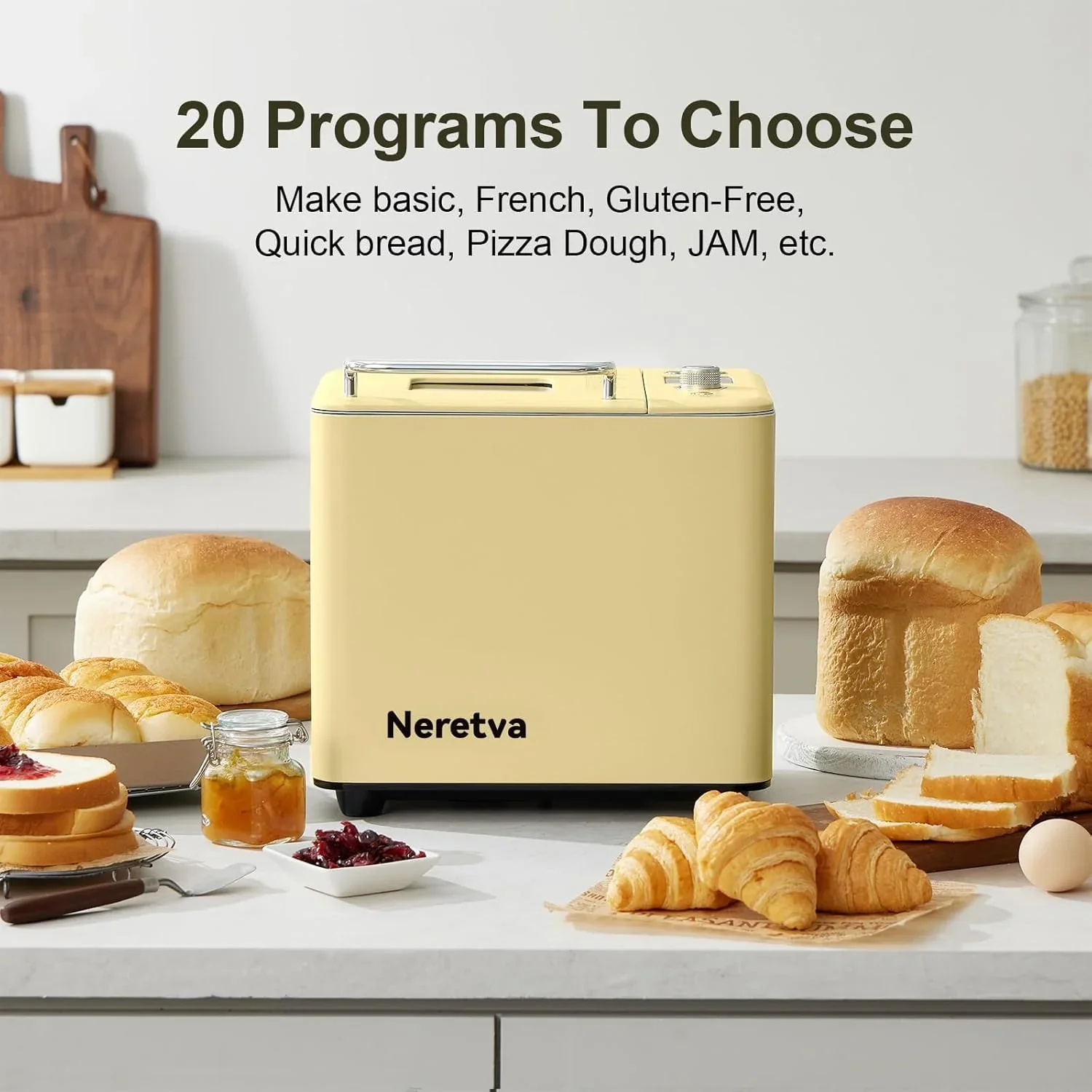 Neretva Bread Maker 20-in-1 2LB Bread Maker Dual Heater Bread Maker Automatic Ceramic Pan