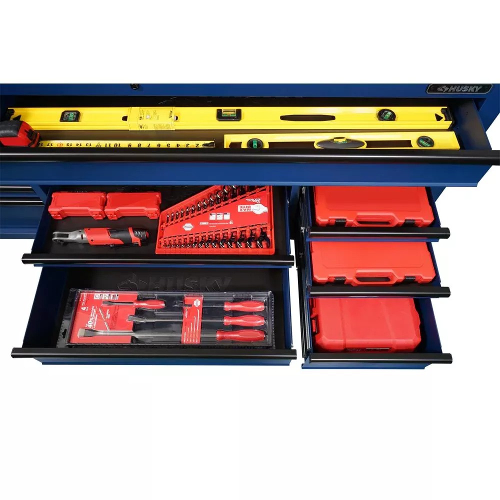 72 IN. 18-DRAWER MOBILE WORKBENCH MIT NACHBAR-HEIGHT SOLID WOOD TOP IN MATTE BLUE