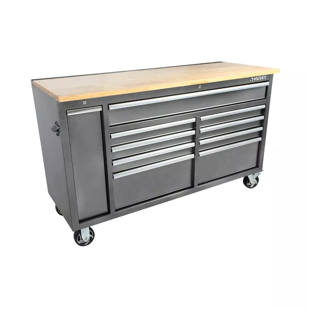 61 IN W 10-DRAWER, DEEP TOOL CHEST MOBILE WORKBENCH in METALLISCHEm SILVER mit SLID VERTICAL BIN STORAGE DRAWER