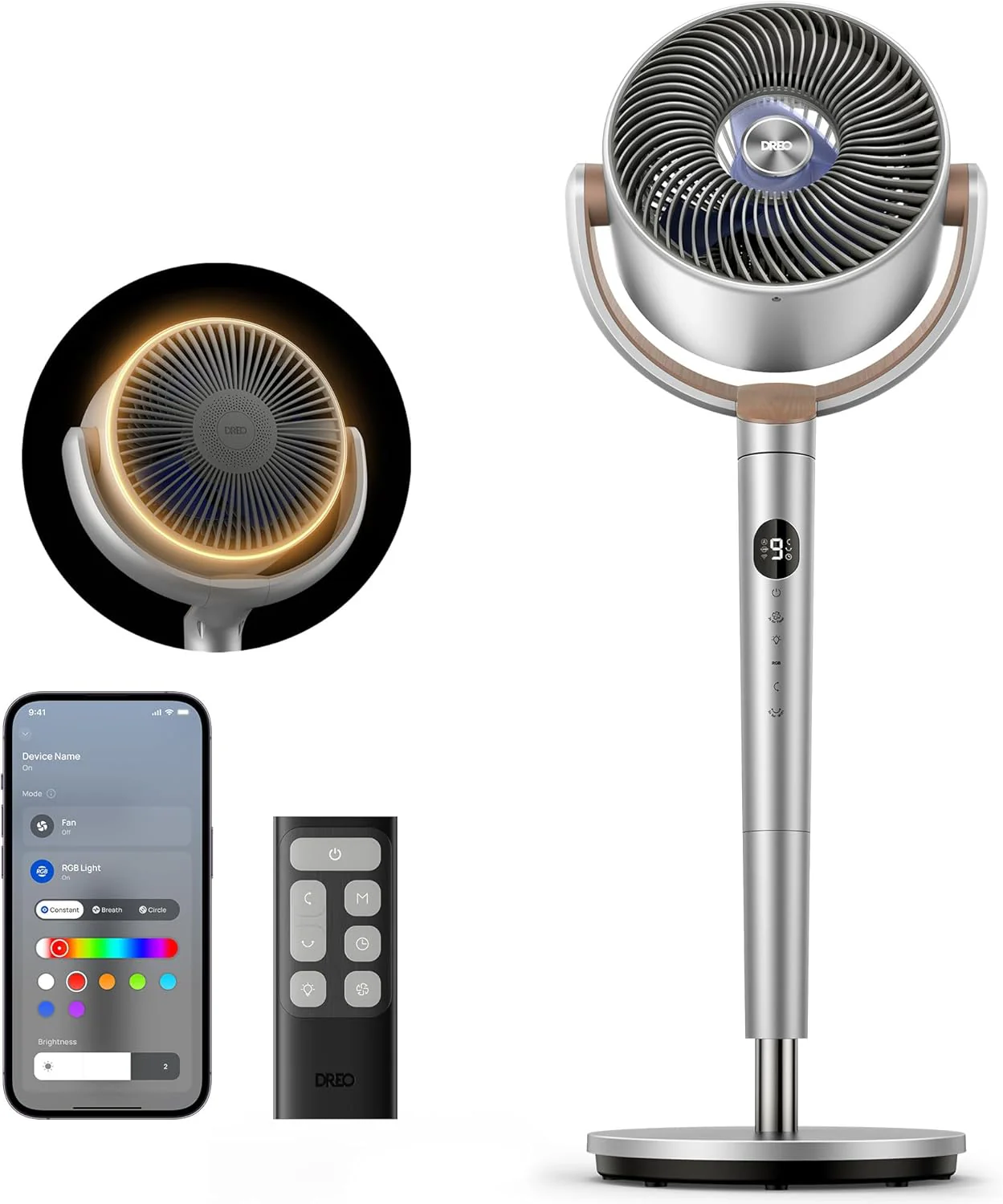 DREO Smart Fan for Bedroom, 120° +120° Omni-Directional Oscillating Fans, 100ft Quiet Pedestal Fan with RGB Light, 9 Speeds, 6 Modes, 20dB, 8H Timer, Wi-Fi/Voice/Alexa, 37-42" Floor Fans with Remote