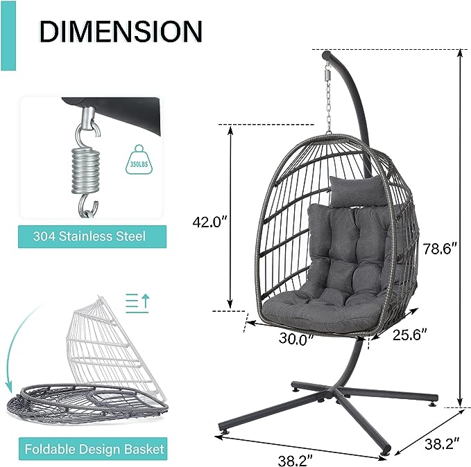 SWITTE Hanging Egg Chair with Stand, Egg Swing Hammock Chair with Stand, Indoor Outdoor Wicker Egg Chair with Cushion Headrest for Patio Bedroom Porch Garden, 350LBS Capacity