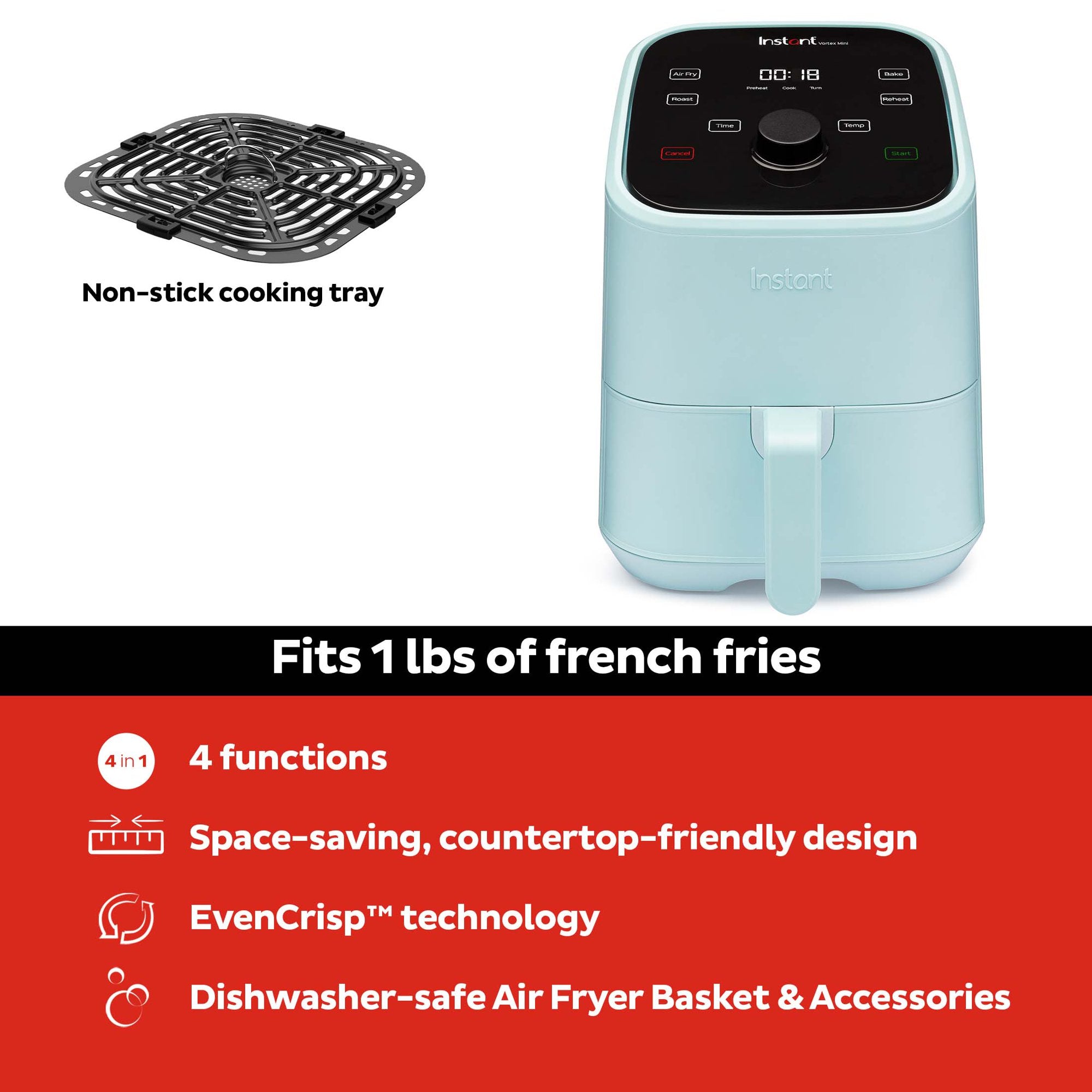 Instant Pot, 2-Quart Vortex Mini Air Fryer Oven, 4-in-1 Oil-Less Stove, Roaster, Toaster, Crisper, Dehydrator, Warmer & More, Aqua