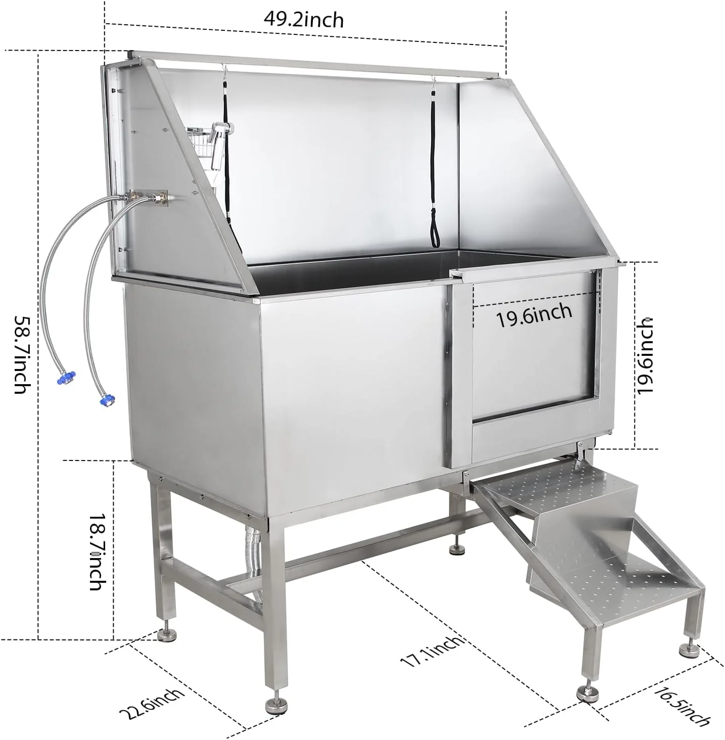 50" Dog Wash Bathtub, Pet Wash Station, Professional Stainless Steel Dog Grooming Tub with Ramp, Faucet, Sprayer, Drain Kit, Right Door