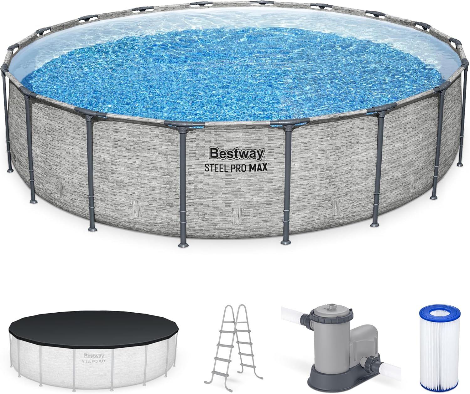 Steel Pro MAX 14 Foot x 48 Inch Round Metal Frame Above Ground Outdoor Swimming Pool Set with 1,000 Filter Pump, Ladder, and Cover, Gray