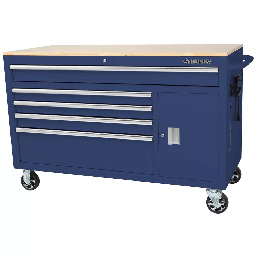 56 IN. W 5-DRAWER 1-DOOR, DEEP TOOL CHEST MOBILE WORKBENCH IN GLOSS BLUE WITH HARDWOOD TOP